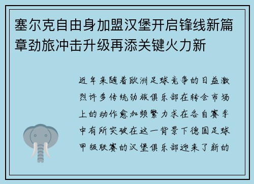 塞尔克自由身加盟汉堡开启锋线新篇章劲旅冲击升级再添关键火力新